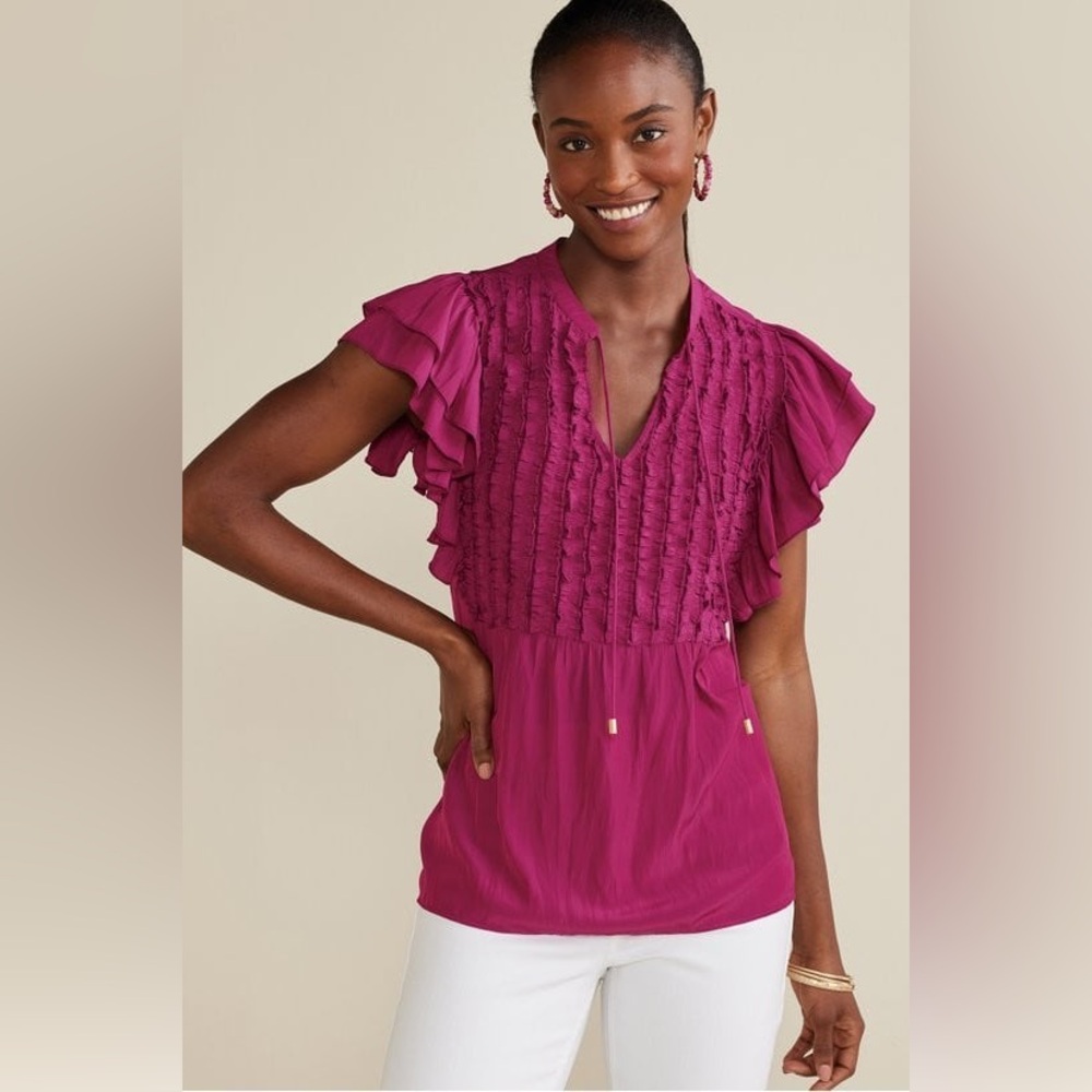 Soft Surroundings Flirty Fuchsia Ruffle-Front Flutter Sleeve Blouse Feminine